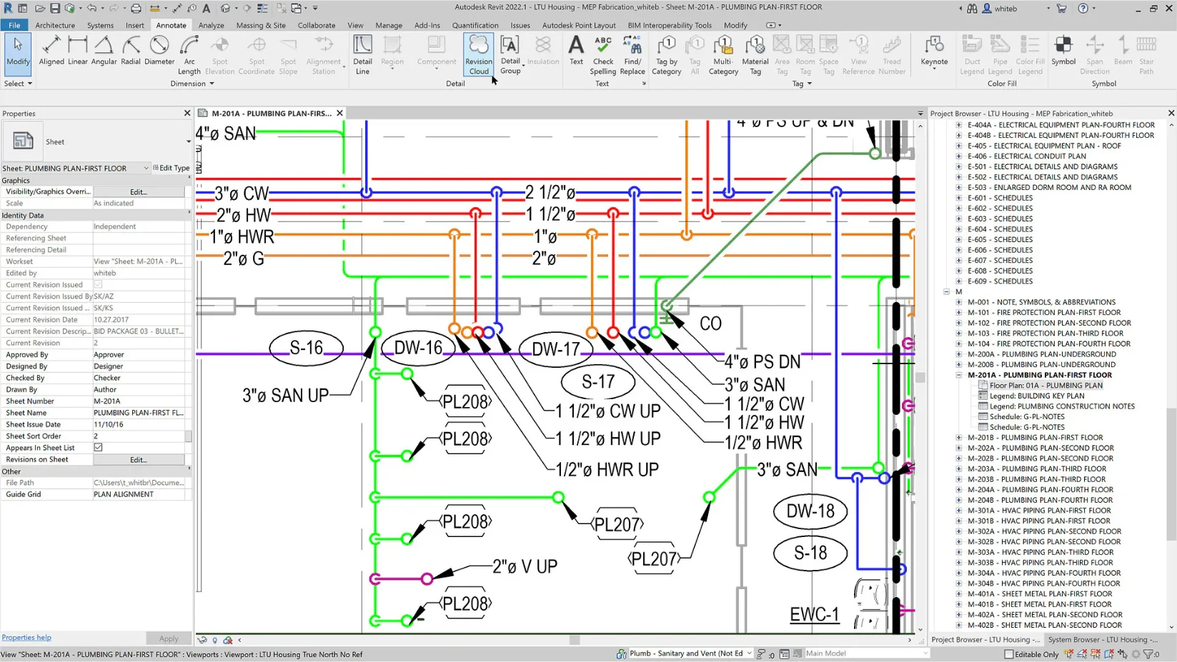 Aperçu Revit MEP — plan plomberie premier étage avec réseaux colorés