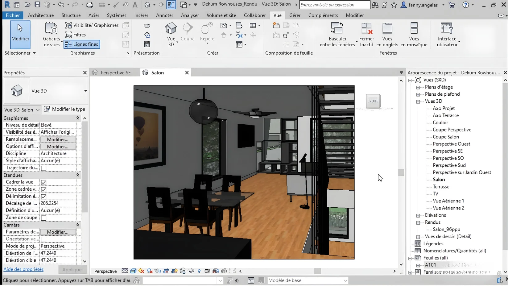 Aperçu Revit Architecture 3D — vue salon avec arborescence du projet